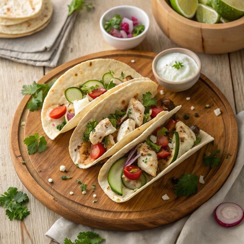 Top-down view of Mediterranean chicken tacos on a rustic wooden platter with tortillas or pita, tzatziki or hummus, grilled chicken, cucumbers, tomatoes, red onions, feta or goat cheese, and a drizzle of sauce. Garnished with parsley or dill.