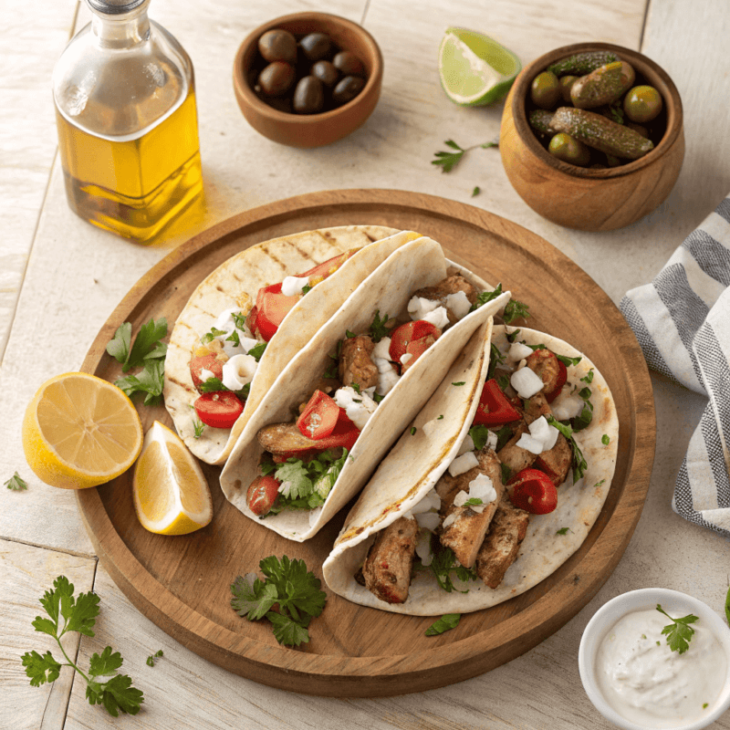 Top-down view of Mediterranean chicken tacos with warm tortillas, grilled spiced chicken, cucumbers, cherry tomatoes, red onions, feta cheese, and tzatziki sauce. Served on a wooden board with lemon wedges and parsley.