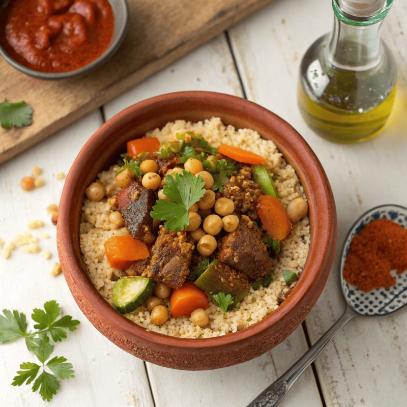 Top-down view of Tunisian couscous with slow-cooked meat, chickpeas, carrots, zucchini, and spiced tomato sauce. Served in a rustic bowl with parsley garnish, accompanied by harissa and olive oil on a wooden table.