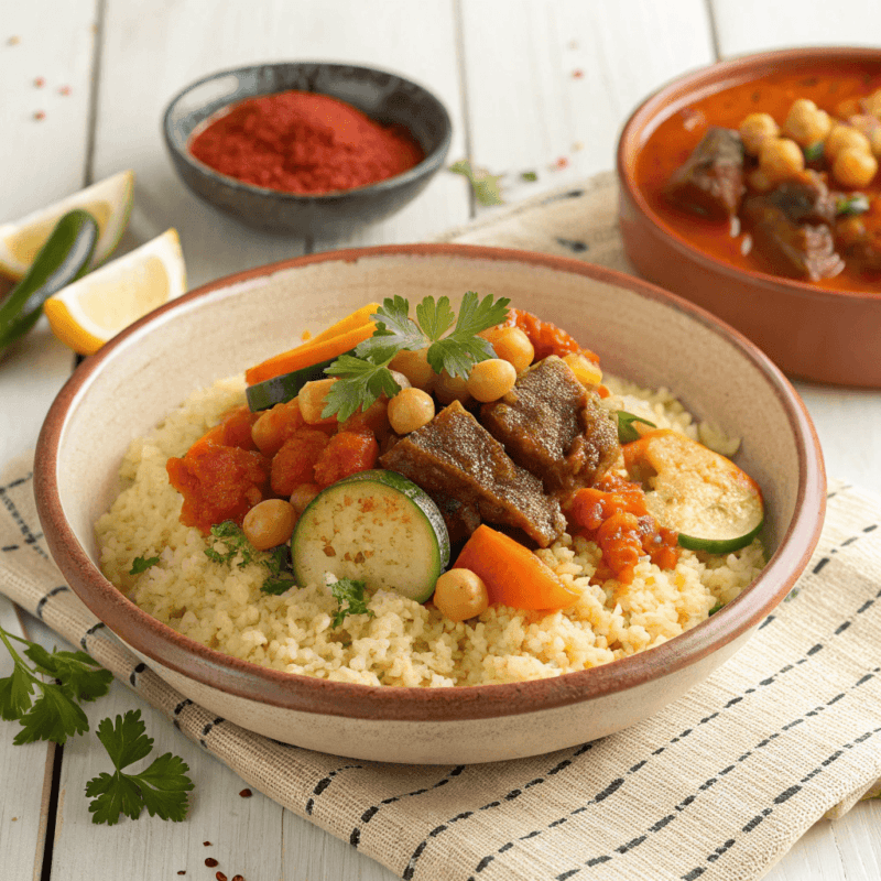 Top-down view of traditional Tunisian couscous in a rustic ceramic bowl, topped with slow-cooked lamb or fish, chickpeas, carrots, zucchini, bell peppers, and spiced tomato sauce. Garnished with parsley and served with harissa on a wooden table with Tunisian spices and olive oil