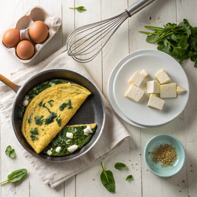 A four-step visual guide to making a spinach and feta omelette, from ingredient prep to cooking and final plating.