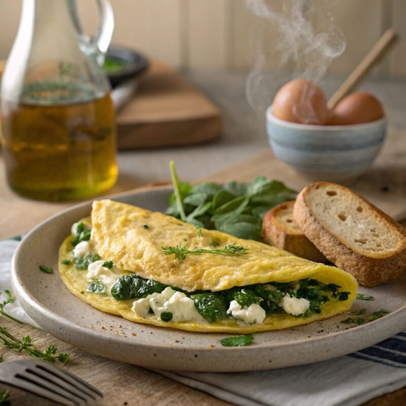 A freshly made spinach and feta omelette, served on a white plate with a golden, fluffy texture, garnished with crumbled feta and fresh herbs