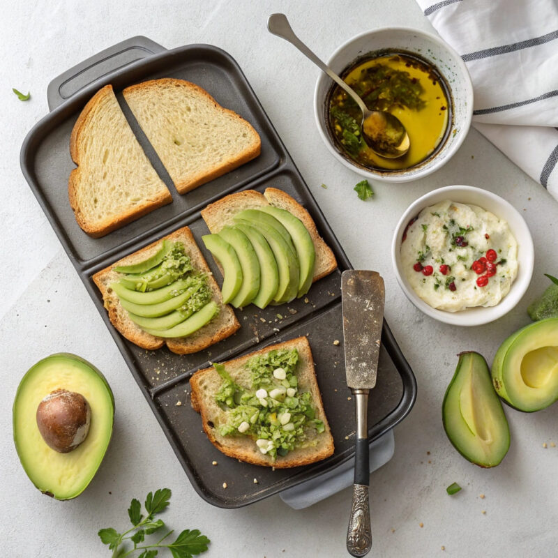 Step-by-step guide to making Mediterranean Avocado Toast, featuring toasted bread, mashed avocado, fresh toppings, and final garnish.