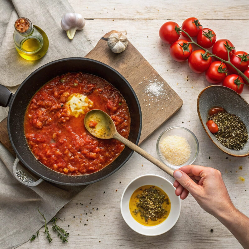 Step-by-step preparation of Italian Shakshuka in a rustic kitchen setting. The process includes sautéing garlic and onions, adding tomatoes and spices, simmering the sauce, poaching eggs, and garnishing with Parmesan cheese and fresh basil. Served with toasted ciabatta or sourdough bread for an authentic Mediterranean touch.