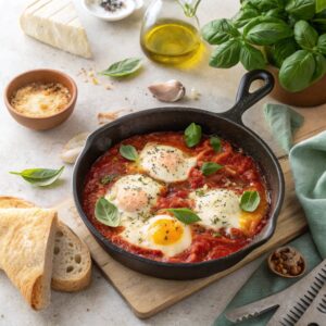 A close-up of Italian Shakshuka in a cast-iron skillet, featuring poached eggs in a tomato sauce, topped with melted mozzarella, grated Parmesan, and fresh basil leaves, surrounded by rustic Italian ingredients like ciabatta bread and olive oil on a wooden table