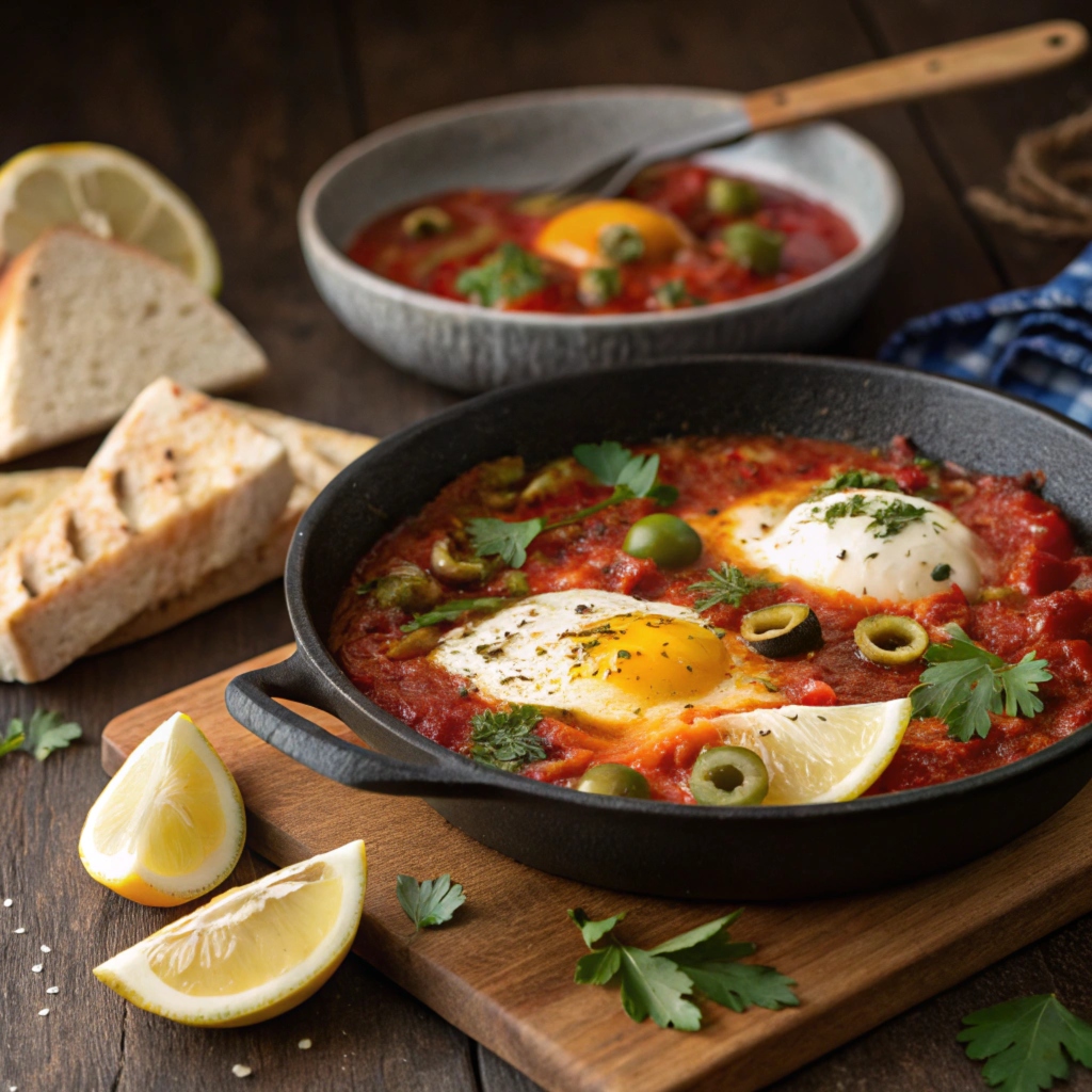 Close-up of a steaming Italian Shakshuka served in a black skillet, featuring vibrant red tomato sauce, creamy melted cheese, and runny eggs. The table is adorned with ingredients such as Parmesan, fresh basil, garlic, and a rustic loaf of ciabatta bread, evoking the essence of Mediterranean cuisine.