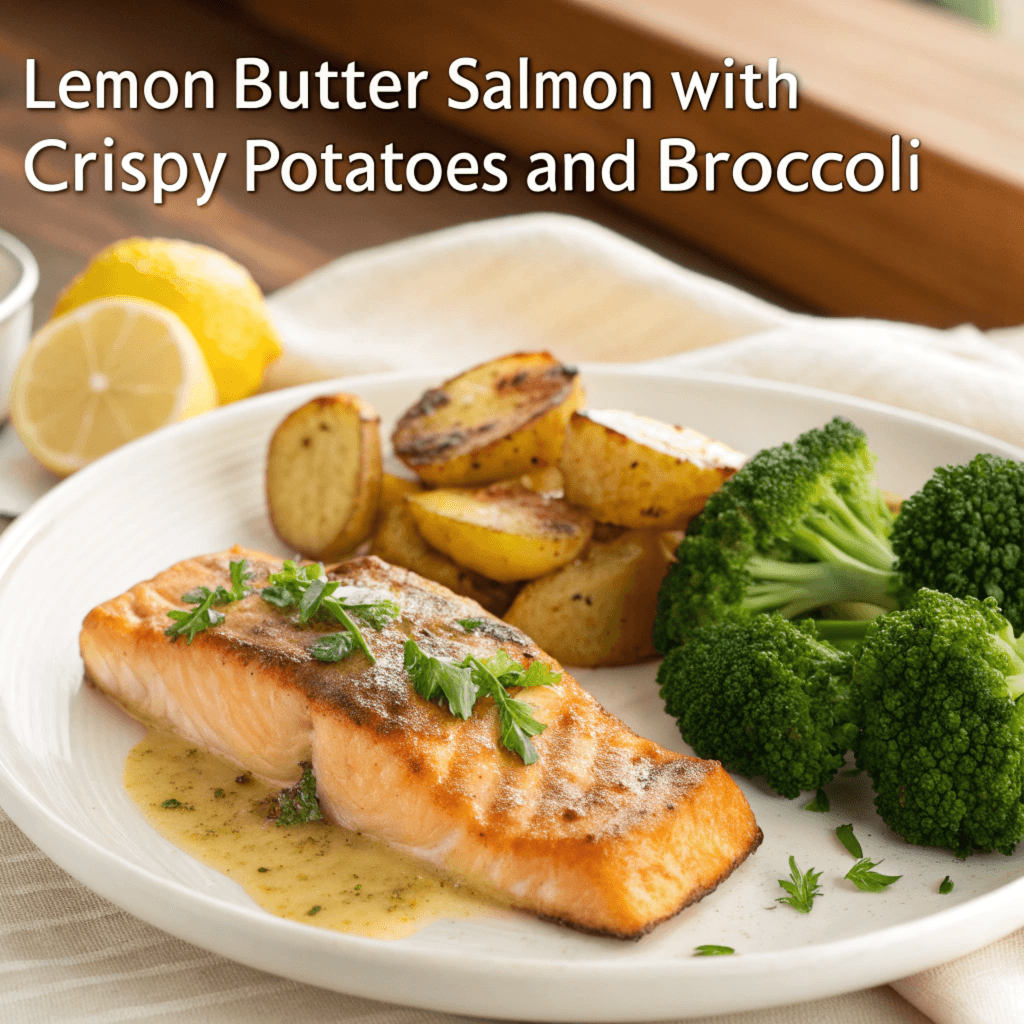 A close-up of a gourmet meal featuring flaky salmon drizzled with lemon butter sauce, golden-brown roasted potatoes, and steamed broccoli. The vibrant colors and elegant plating create a fresh and appetizing presentation.