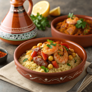 A traditional couscous with lamb and fresh fish.