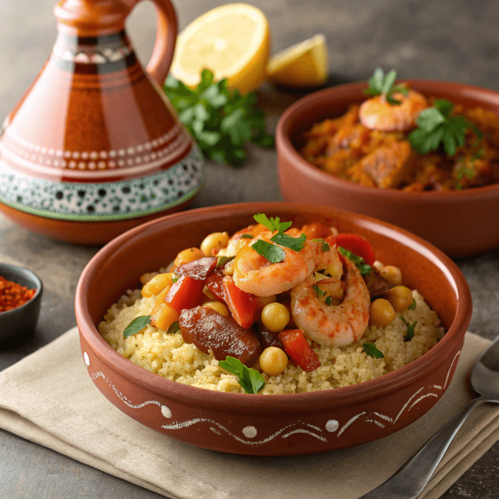 Seafood couscous with fresh fish and a spicy tomato-based sauce.