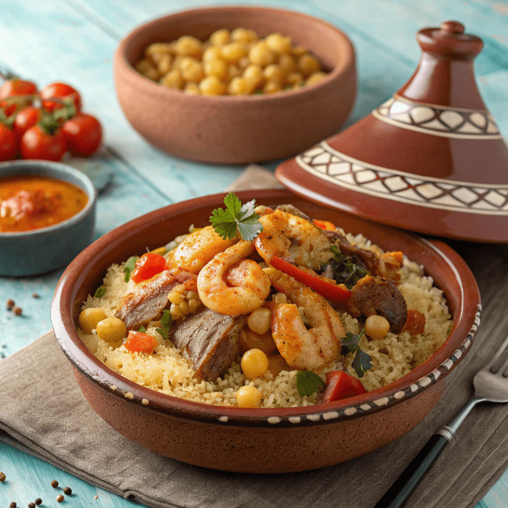 Mixed Seafood and lamb couscous with spicy tomato-based sauce.