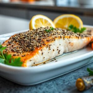 A close-up of homemade Za’atar Salmon with a golden-brown crust, garnished with lemon wedges and fresh parsley, served alongside roasted carrots and zucchini on a white ceramic plate, placed on a modern kitchen countertop with natural lighting.