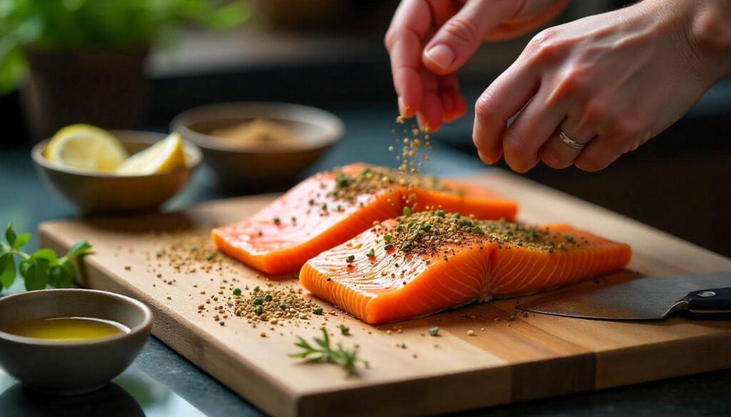 Za’atar Salmon in Preparation
"An overhead shot of Za’atar Salmon being prepared. Salmon fillets are on a wooden cutting board, seasoned with a za’atar spice blend. Surrounding the cutting board are bowls of spices, olive oil, lemon wedges, and fresh thyme. Hands are visible sprinkling seasoning over the fish in a clean, modern kitchen setup."