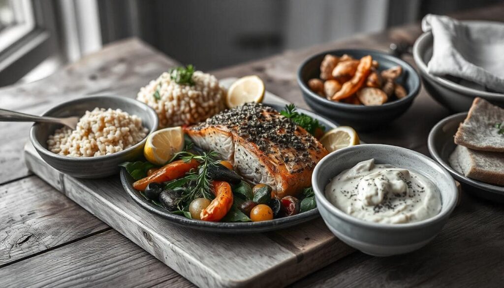 A rustic family-style presentation of Za’atar Salmon served on a large wooden table. The dish is surrounded by side dishes including couscous, roasted vegetables, pita bread, and hummus. Lemon slices and fresh herbs decorate the table, creating a vibrant and inviting Mediterranean-inspired spread