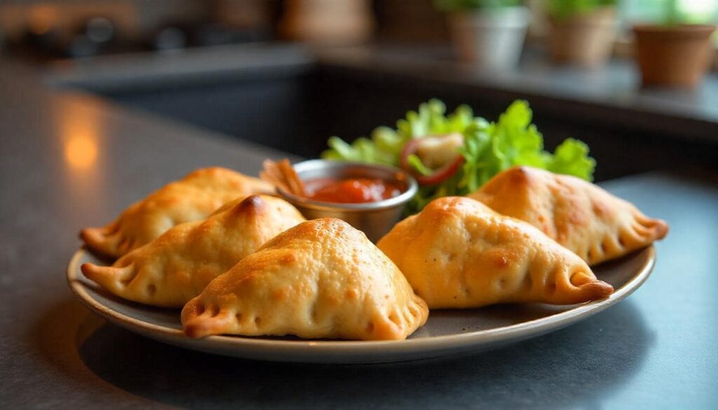 A plate of homemade Spanish empanadas with a golden-brown crust, served with dipping sauces and a fresh salad on a modern kitchen countertop