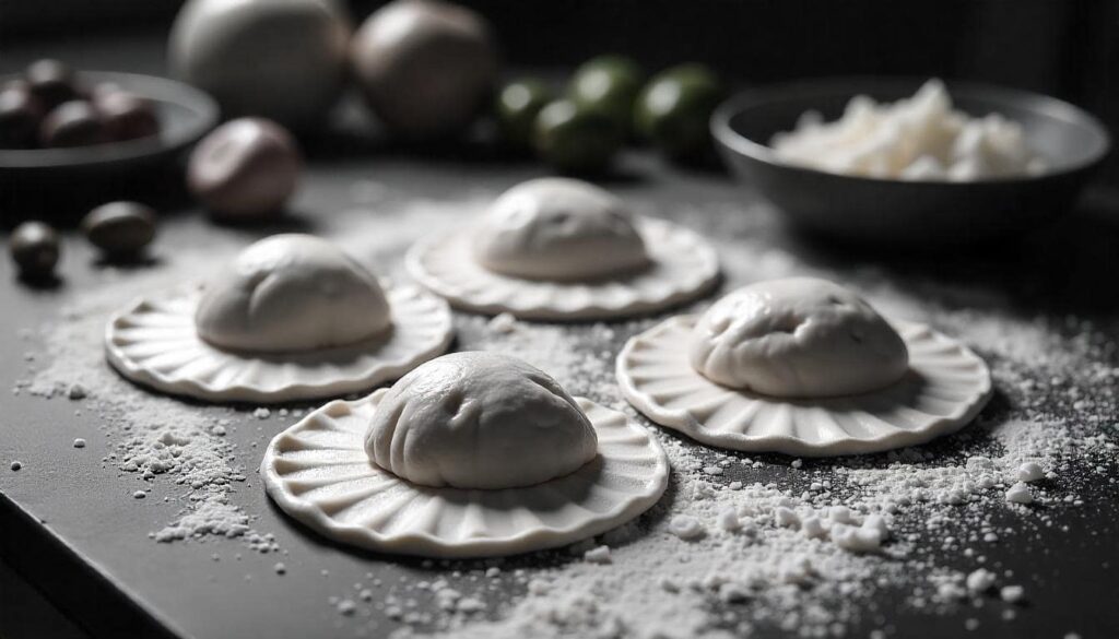 Homemade Spanish empanadas being prepared with dough circles laid out, filled with meat and vegetables, and surrounded by ingredients like olives, onions, and peppers