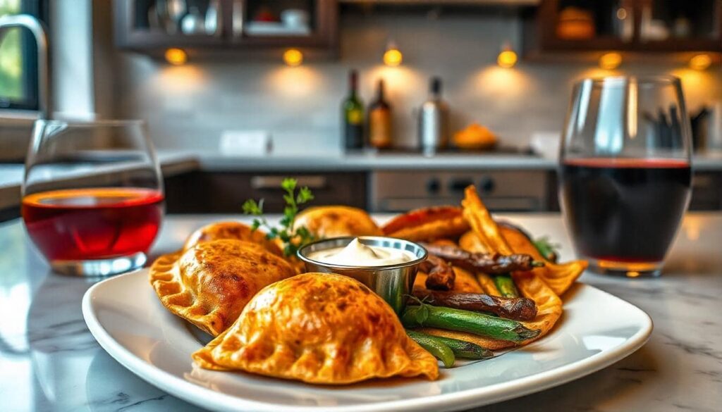 Serving suggestions for homemade Spanish empanadas, displayed with aioli dipping sauce, roasted vegetables, and a glass of red wine, garnished with fresh herbs.