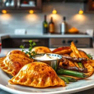 Serving suggestions for homemade Spanish empanadas, displayed with aioli dipping sauce, roasted vegetables, and a glass of red wine, garnished with fresh herbs