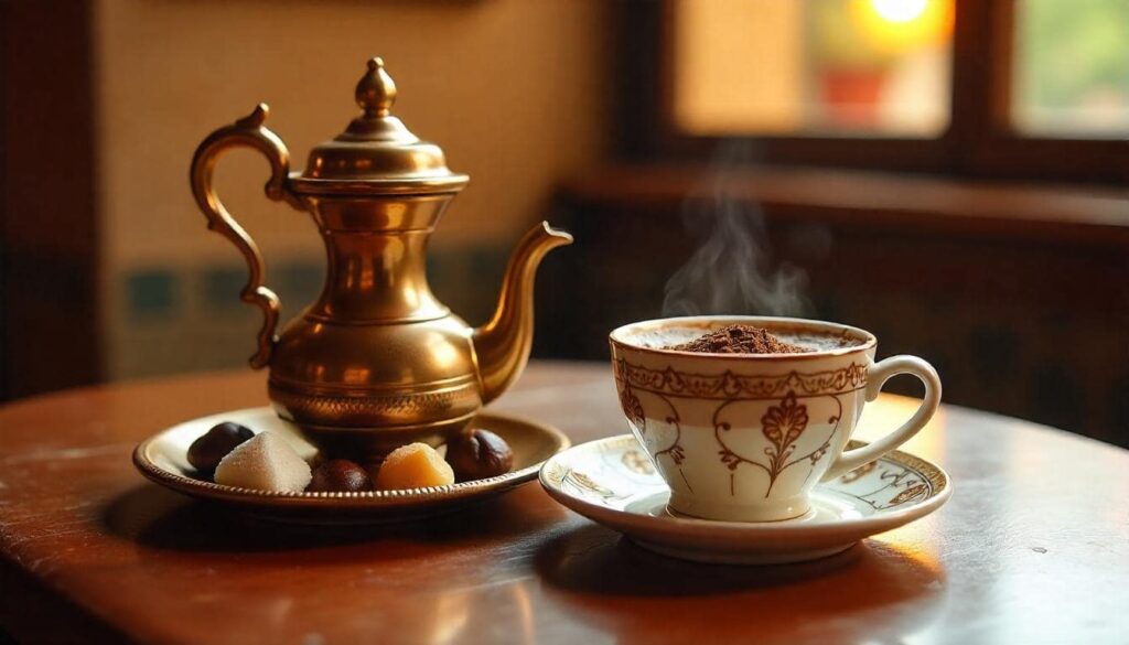 Greek Mountain Tea in a rustic kitchen setting with dried herbs, honey jars, and a wooden spoon, evoking a Mediterranean vibe