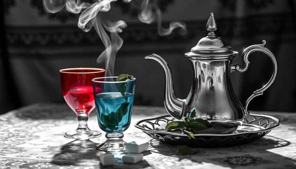 Moroccan mint tea in a silver teapot with colorful glasses, fresh mint leaves, and sugar cubes on a vibrant Mediterranean tray.