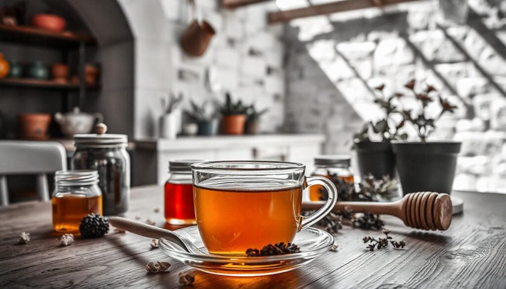 Traditional Turkish coffee served in an ornate cup with Turkish delight and a cezve on a rustic Mediterranean table