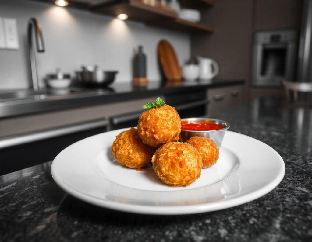 Homemade arancini served on a modern kitchen countertop, golden and crispy with a side of marinara sauce for dipping, garnished with fresh parsley for a traditional Sicilian touch.