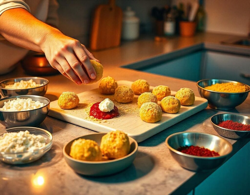 Step-by-step preparation of homemade arancini on a modern kitchen countertop, showing hands shaping rice balls, filling them with mozzarella and ragù, and coating them in breadcrumbs for frying.