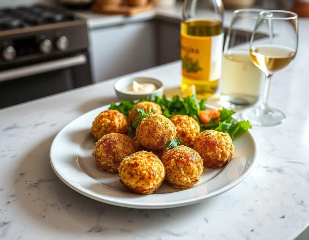 Creative serving of homemade arancini on a modern kitchen countertop, paired with a fresh side salad, garlic aioli, and a glass of white wine for a Mediterranean-inspired presentation.