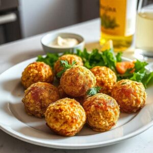 Homemade arancini served with a fresh side salad, garlic aioli, and a glass of white wine on a modern kitchen countertop, showcasing a Mediterranean-inspired presentation.