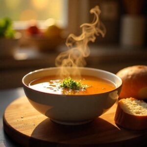 Steaming bowl of chicken bone broth with fresh herbs and crusty bread on the side, illustrating a comforting meal idea."