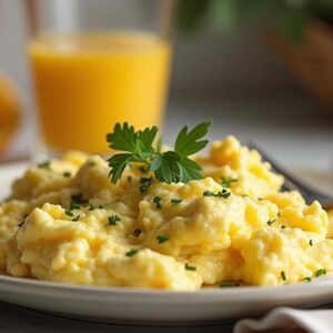 A beautifully plated serving of homemade Greek yogurt scrambled eggs, garnished with fresh herbs, sitting on a modern kitchen countertop in natural light.