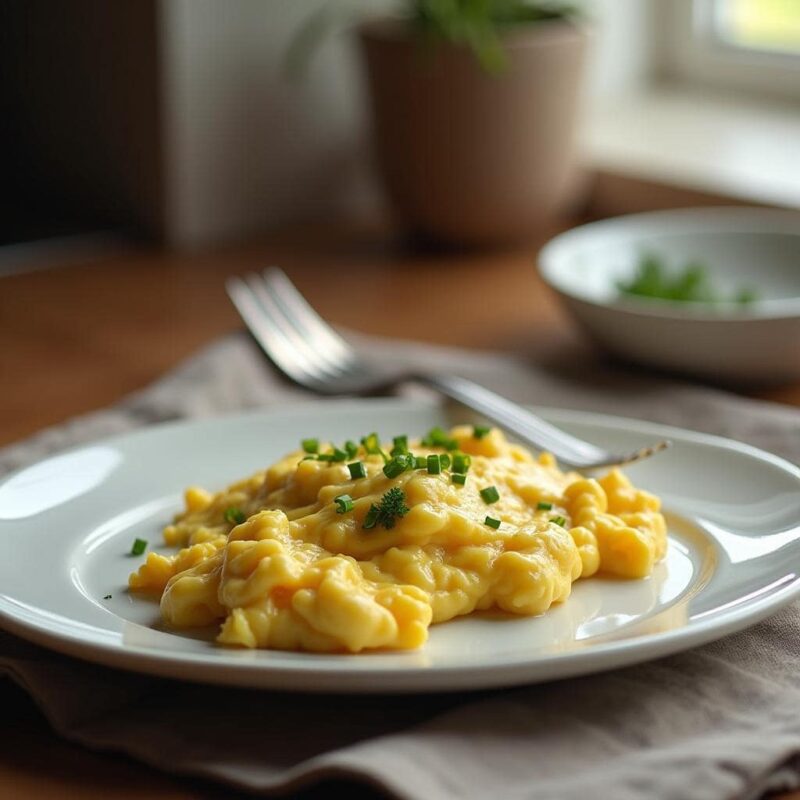 A plate of creamy homemade Greek yogurt scrambled eggs, garnished with fresh chives, served on a modern kitchen countertop with natural lighting.