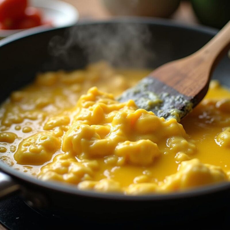 A close-up of homemade Greek yogurt scrambled eggs being stirred in a non-stick pan, showing their soft, creamy texture as they cook over low heat.