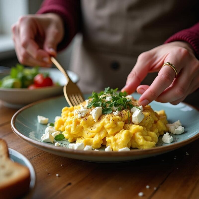 A home cook plating homemade Greek yogurt scrambled eggs with toast and avocado, adding a finishing touch of fresh herbs for a balanced breakfast.