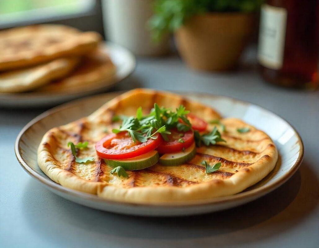 Homemade grilled pita bread served on a modern kitchen countertop with fresh dips and garnishes.