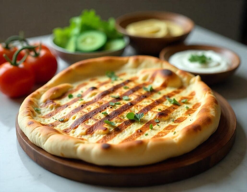 Homemade grilled pita bread served with hummus, sliced cucumbers, tomatoes, and tzatziki on a modern kitchen countertop.