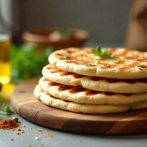 A stack of homemade grilled pita bread on a wooden board, surrounded by fresh ingredients like olive oil, herbs, and spices, on a modern kitchen countertop.