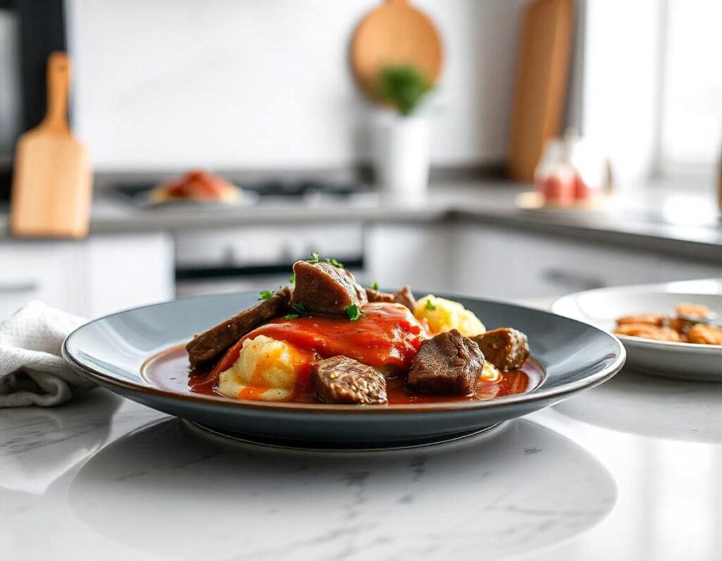 A beautifully plated homemade Stracotto served on a modern kitchen countertop. Tender beef slices are draped in a rich, velvety sauce, accompanied by creamy polenta and mashed potatoes.