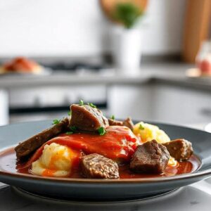 A beautifully plated homemade Stracotto on a modern kitchen countertop, featuring tender beef slices in a rich, velvety sauce. The dish is accompanied by creamy polenta and mashed potatoes.