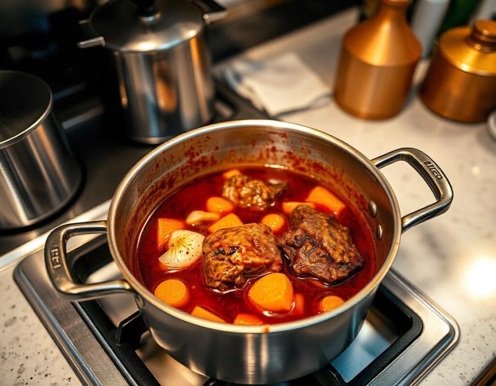 An in-progress shot of homemade Stracotto simmering in a rustic pot on a modern kitchen countertop. The soffritto base of onions, carrots, and celery is visible, along with beef partially submerged in a rich mixture of red wine and broth. Generated by IA images plateform