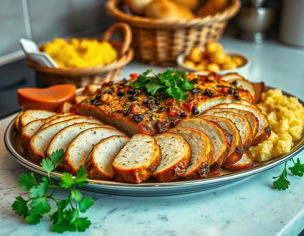 A large platter of sliced homemade Stracotto, presented family-style on a modern kitchen countertop. The dish is surrounded by sides like polenta and mashed potatoes, garnished with sprigs of parsley. A rustic bread basket sits in the background.