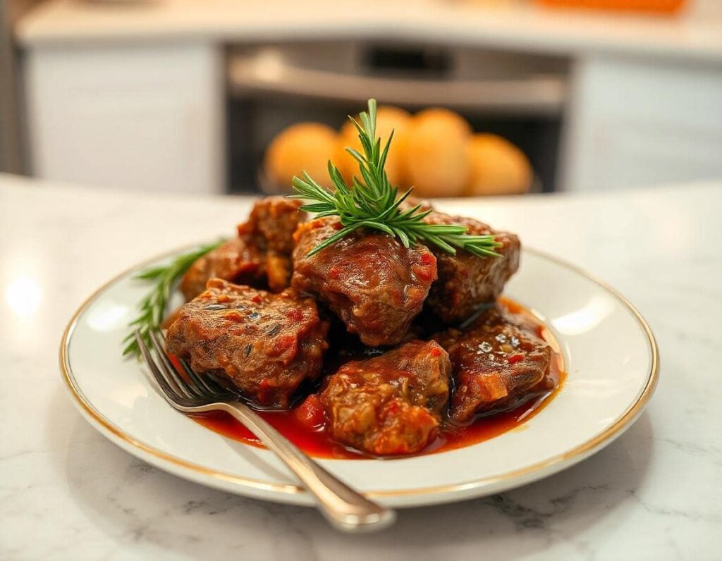 A visually appealing close-up of a homemade Italian pot roast, featuring juicy, slow-cooked beef in a savory tomato-based sauce. The dish is garnished with fresh rosemary and sits elegantly on a sleek, modern kitchen countertop. Captured with a casual, amateur aesthetic for an authentic feel.Generated by IA (Freepik plateform)