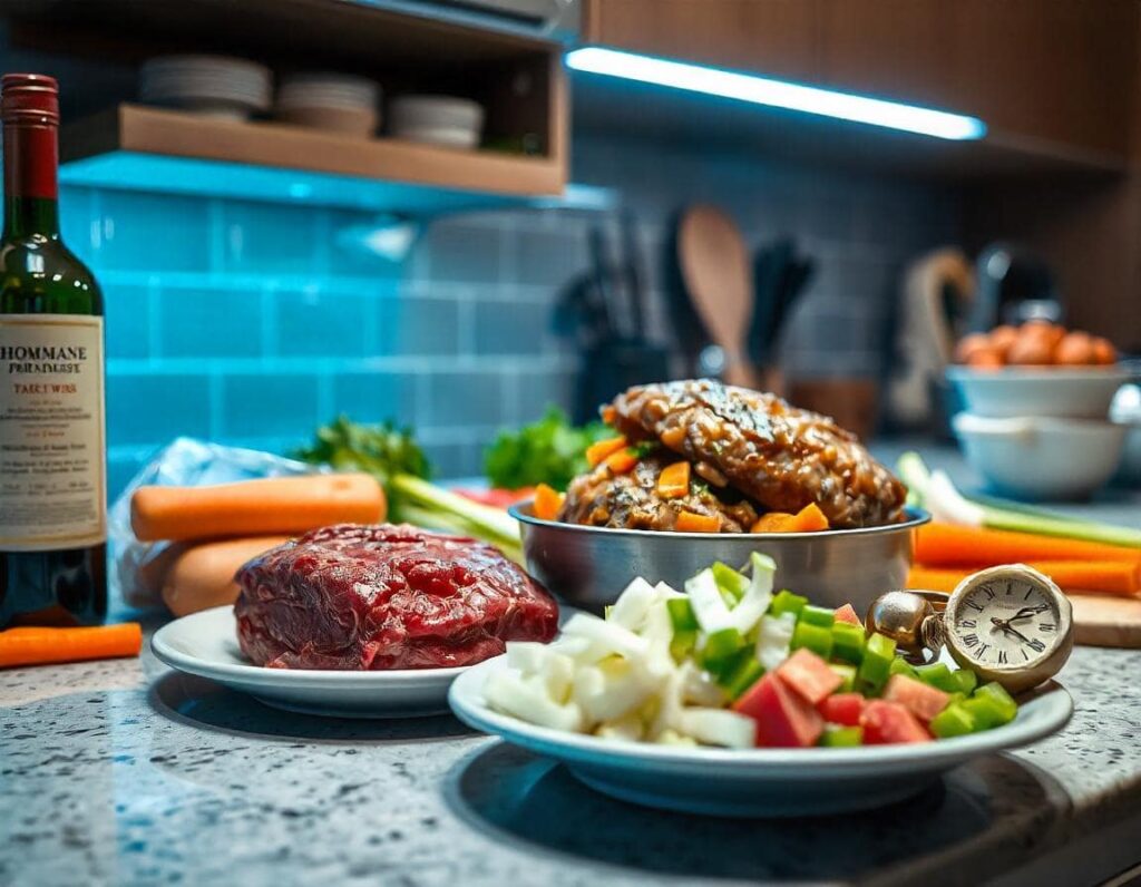 An inviting image showcasing the preparation of a homemade Italian pot roast. Ingredients like raw beef, chopped carrots, celery, onions, garlic, and a bottle of red wine are laid out on a modern kitchen countertop, emphasizing the rustic and homemade process. The photo has an amateur, authentic style.