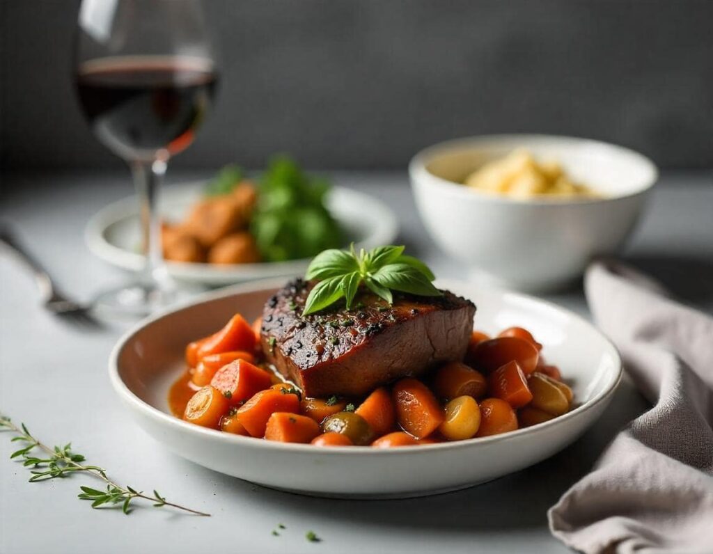 creative presentation of homemade Italian pot roast with suggested sides such as creamy polenta, roasted vegetables, and mashed potatoes. The dish is plated beautifully on a modern kitchen countertop, offering a homey yet elegant serving idea. Captured with an amateur, relatable feel.