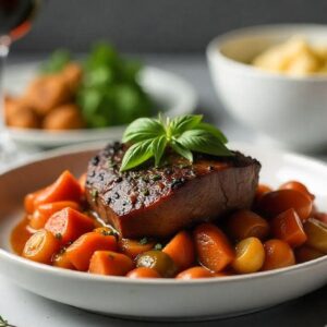 Homemade Italian pot roast served with creamy polenta, roasted vegetables, and mashed potatoes on a modern kitchen countertop, styled elegantly for serving.