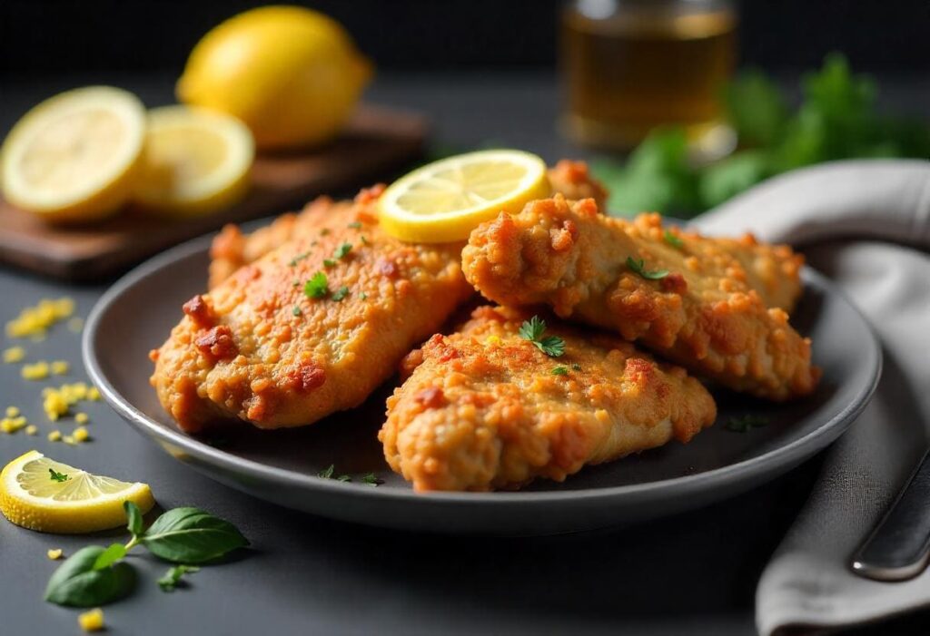 Flat lay of crispy fried chicken thighs with a golden crust, garnished with fresh lemon slices and zest, displayed on a modern kitchen countertop. Amateur photo taken with an iPhone 5 for a casual, homemade aesthetic.