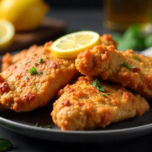 Flat lay of golden, crispy fried chicken thighs garnished with fresh lemon slices and zest, displayed on a modern kitchen countertop. Captured with an iPhone 5 for a cozy, homemade aesthetic.