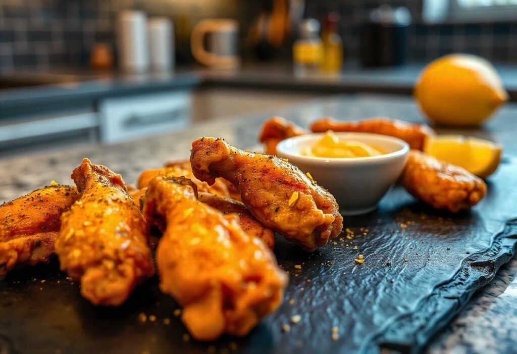 Close-up of lemon-pepper fried chicken wings on a dark slate platter, sprinkled with cracked black pepper and lemon zest, accompanied by a small bowl of honey mustard dip. Set on a modern kitchen countertop with a cozy, amateur vibe.