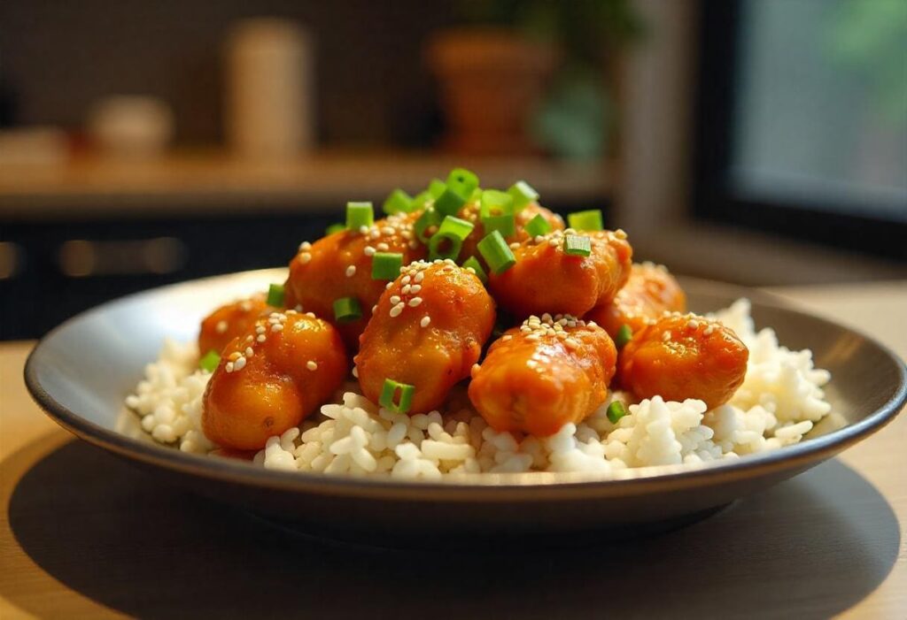 Chinese-style fried chicken coated in a glossy lemon glaze, served with steamed white rice, sesame seeds, and green onions. Placed on a modern kitchen countertop, styled as an amateur photo for a relatable dining experience.