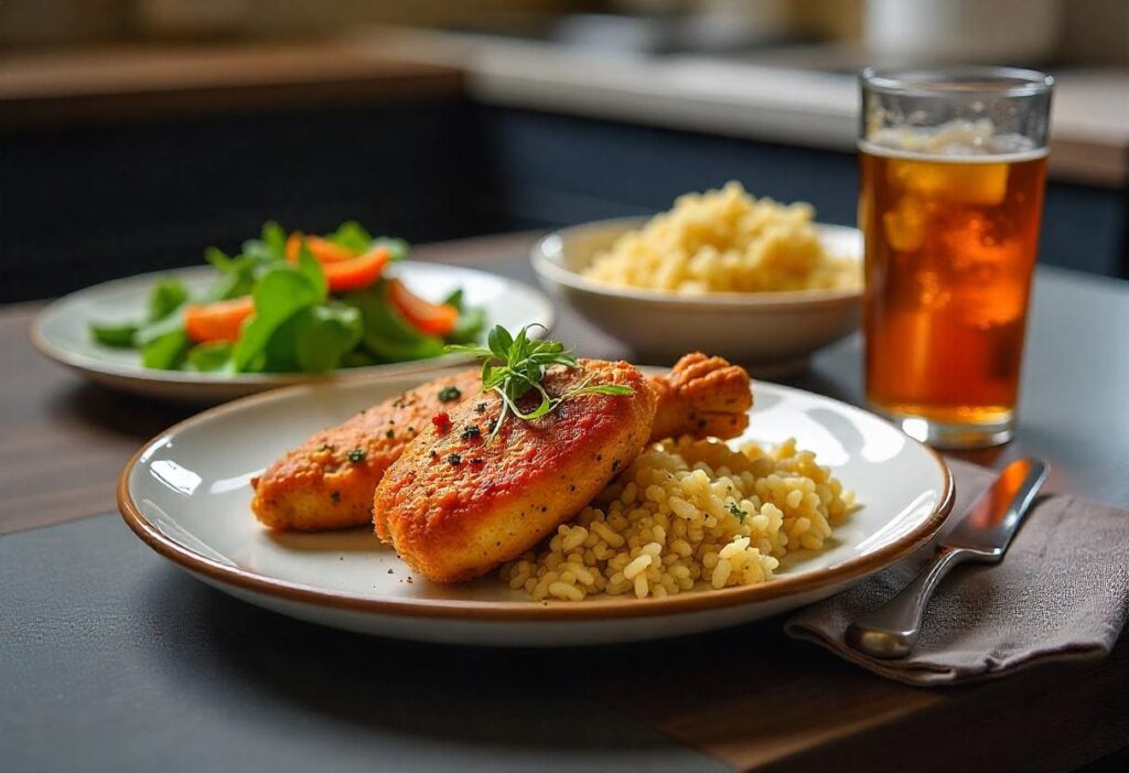 Stylish dinner setup featuring lemon fried chicken with roasted vegetables, herbed rice, and a glass of iced tea. The meal is presented on a modern kitchen countertop for a cozy, inviting aesthetic, taken with an iPhone 5.