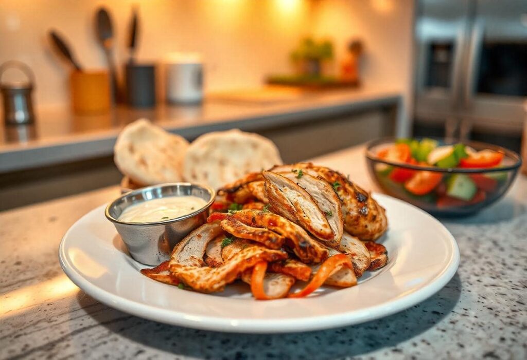 A delicious plate of homemade chicken shawarma, thinly sliced and arranged with warm pita bread, creamy garlic sauce, and a colorful cucumber-tomato salad, all displayed on a modern kitchen counter